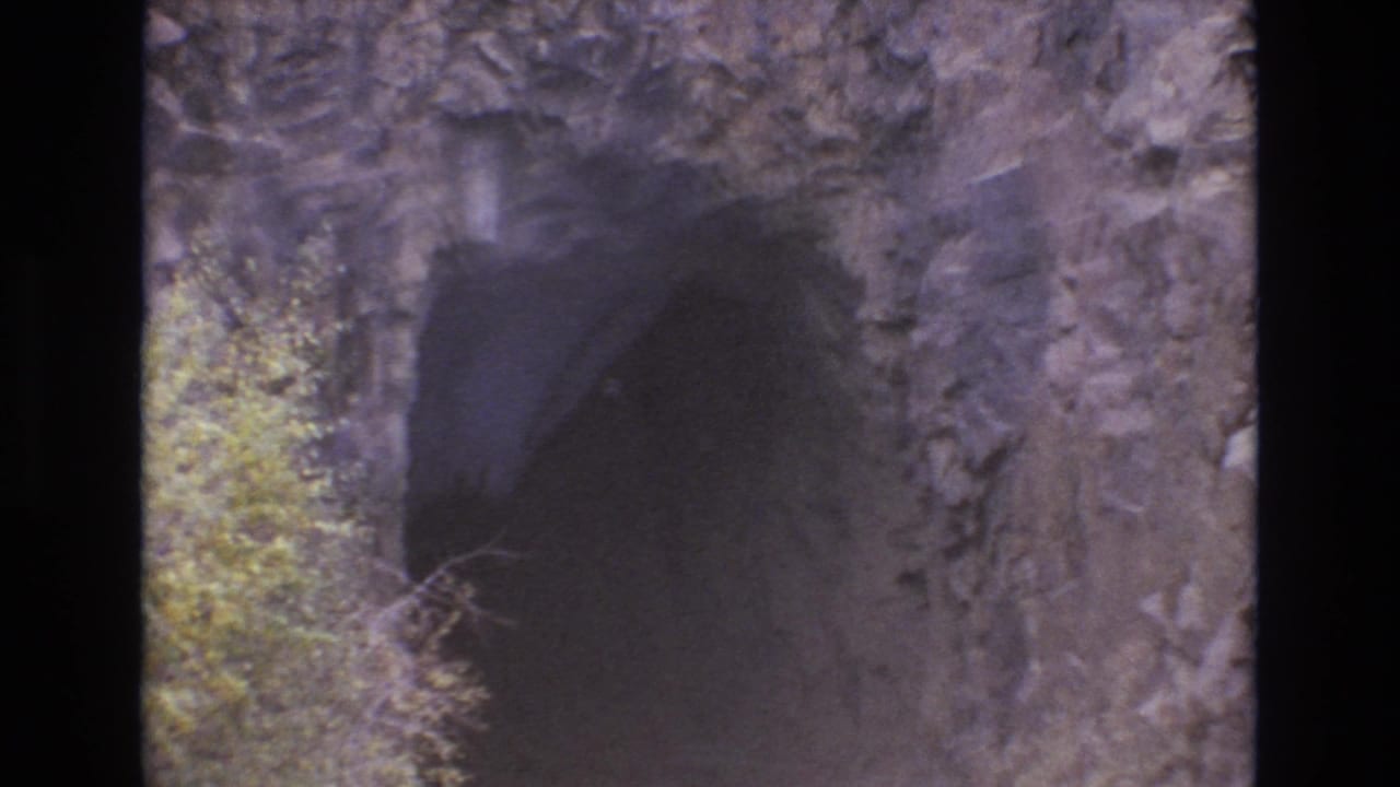 1973 Colorado Springs 8mm frame showing a rough rock wall around a dark cave opening, with a small patch of yellow-green foliage near the entrance.