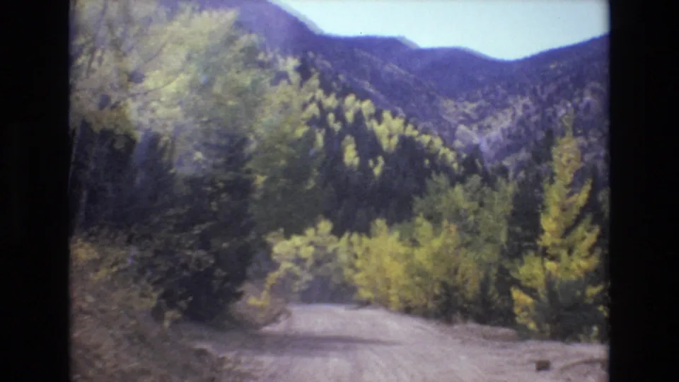 The camera looks ahead down an unpaved road bordered by trees and yellow-green foliage, with soft 8mm color and Colorado mountain slopes in the distance.
