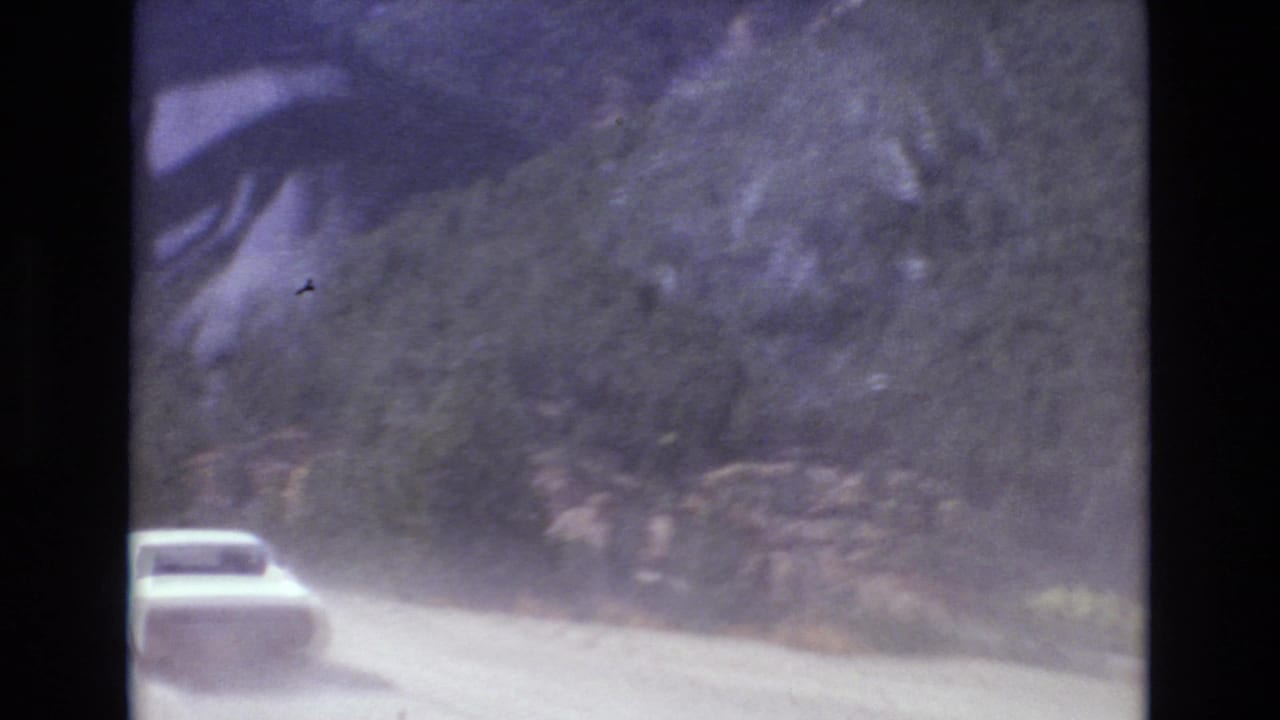 A car moves away on a curved unpaved road through a wooded mountain setting, with soft 8mm grain and dust visible in the air.