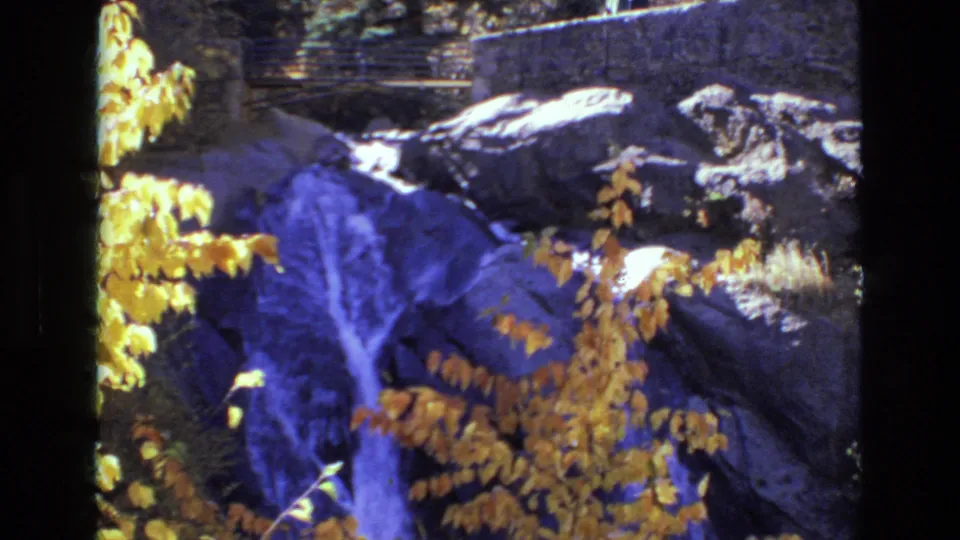 1973 Colorado Springs home-movie frame showing yellow leaves in the foreground, a narrow waterfall over dark rock, and shaded woodland with a wall beyond.