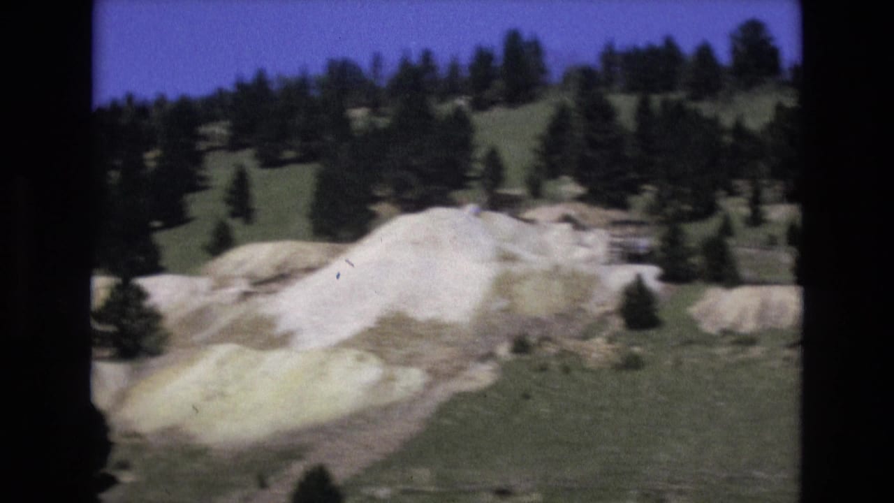 Pale mound-like rock face in open grass with scattered pines on the hill behind.