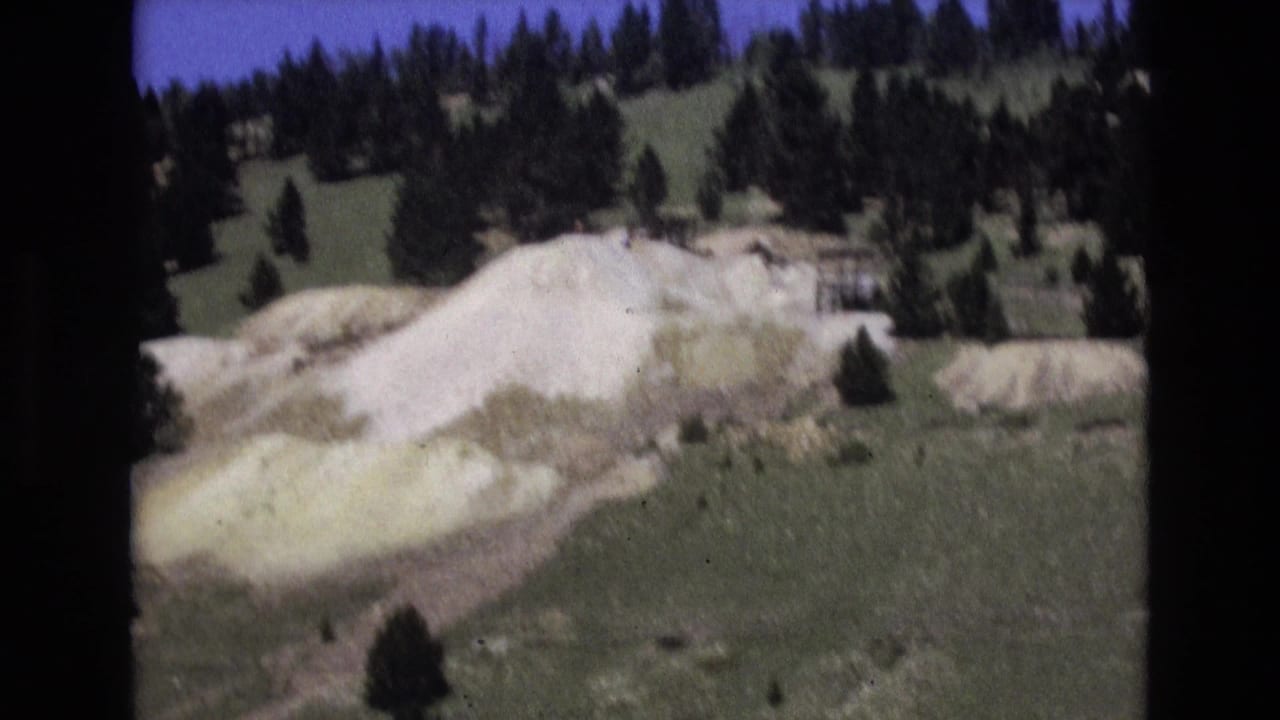Light earth mound in open green terrain with trees behind it.