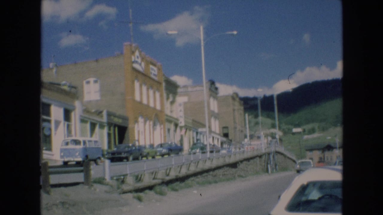 Similar street view with buildings, parked cars, street lamps, and a car entering the foreground.