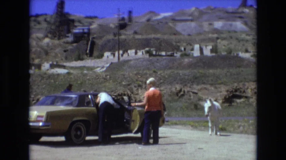 A man in a striped shirt leans into the open door of a gold sedan as a woman in an orange top waits nearby, with a white donkey and dry Colorado hills behind them.
