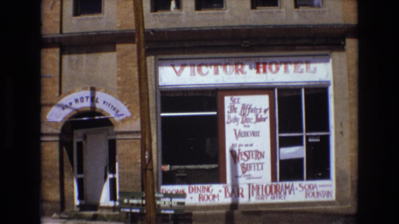 Victor Hotel entrance and window signs on a brick street facade.