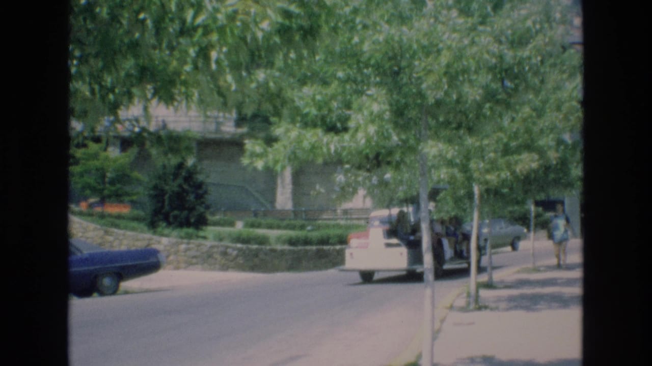 Open-air tour vehicle continues down the street beneath trees with pedestrians in the background.