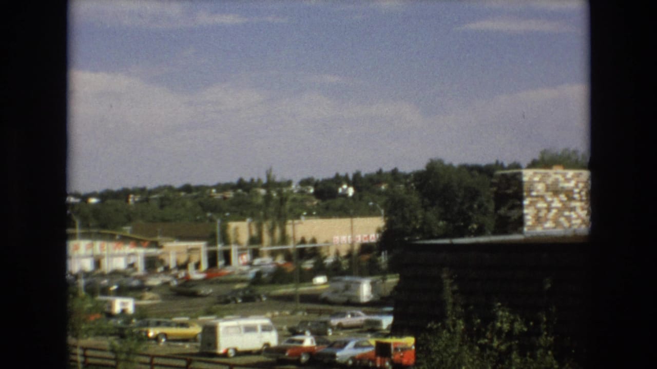 Parking lot traffic outside a low shopping center, with Safeway signage, trees, and a hillside neighborhood visible.