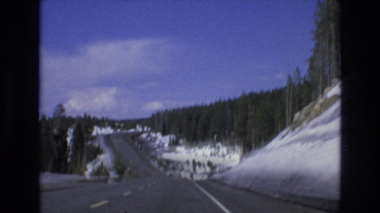 Snow-lined road curves through evergreen forest with hills in the distance.