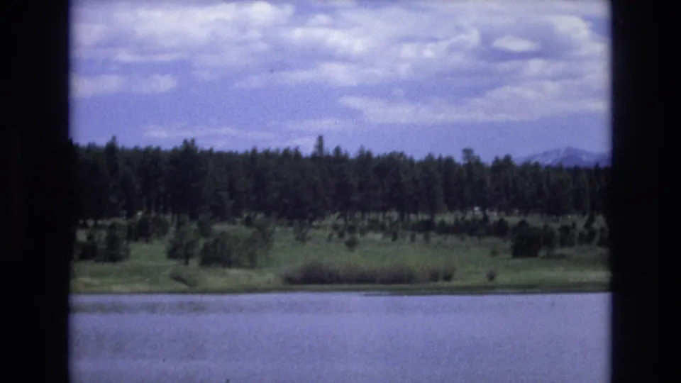 1973 Lake Tahoe, Nevada frame with calm lake water, a green bank, dense forest, cloud cover, and a faint distant mountain shape beyond the trees.