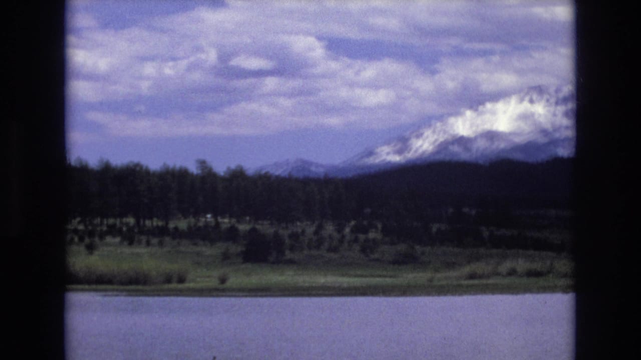 Lake water, green shoreline, evergreen trees, cloudy sky, and distant snow-capped mountains.