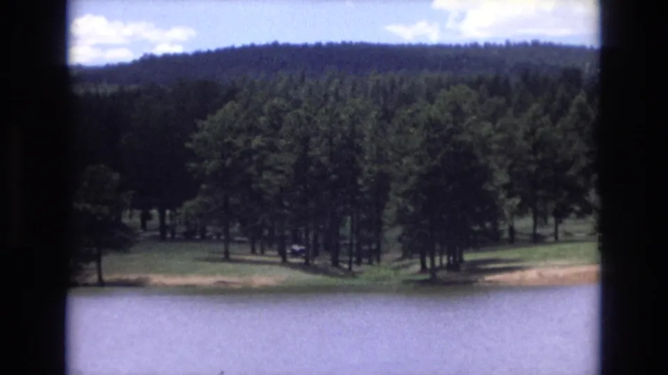 1973 Lake Tahoe, Nevada 8mm frame showing clustered pines on a grassy lakeshore, calm water below, and a dark wooded hill in the background.