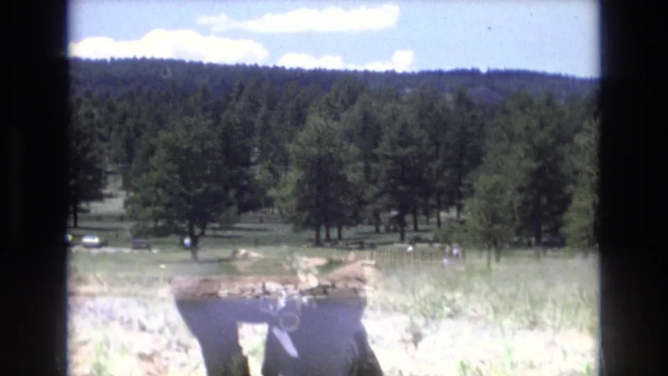 Lake Tahoe park view with water, pine trees, grass, distant visitors, and pronounced 8mm film gate edges, consistent with the supplied 1973 Nevada metadata.