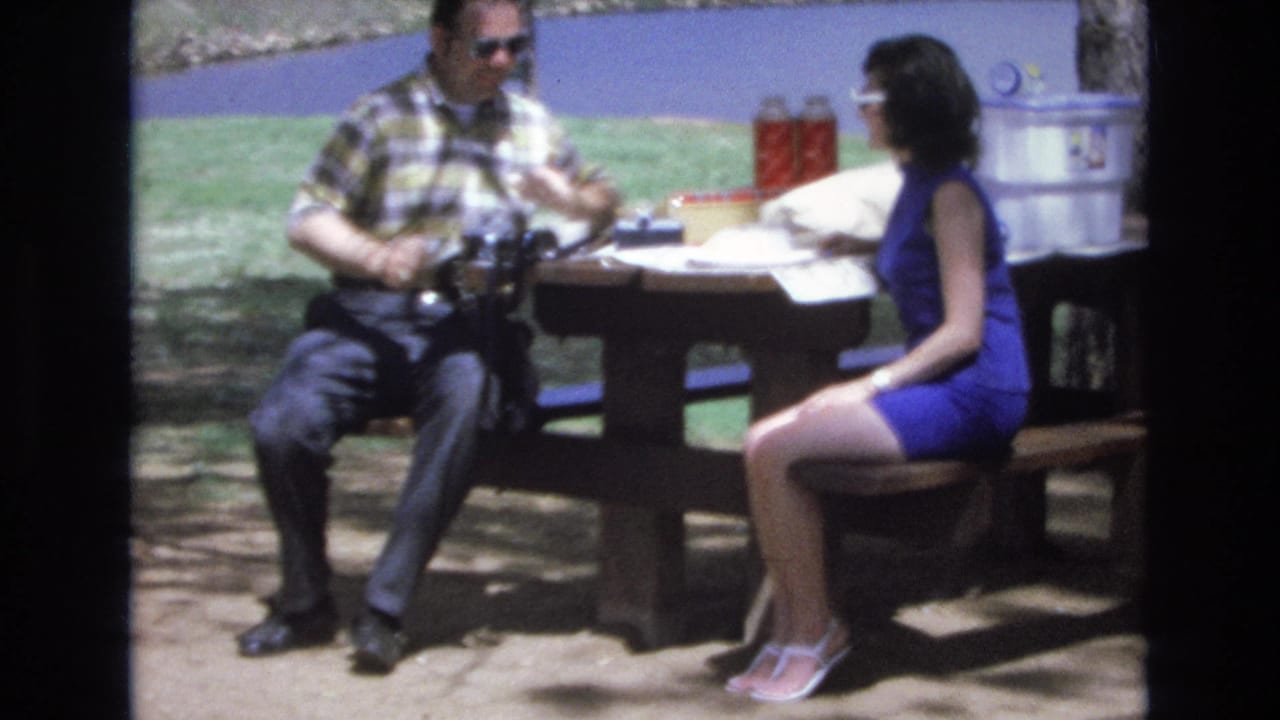 Man in sunglasses sits at a picnic table across from a woman in a blue dress near the lake.