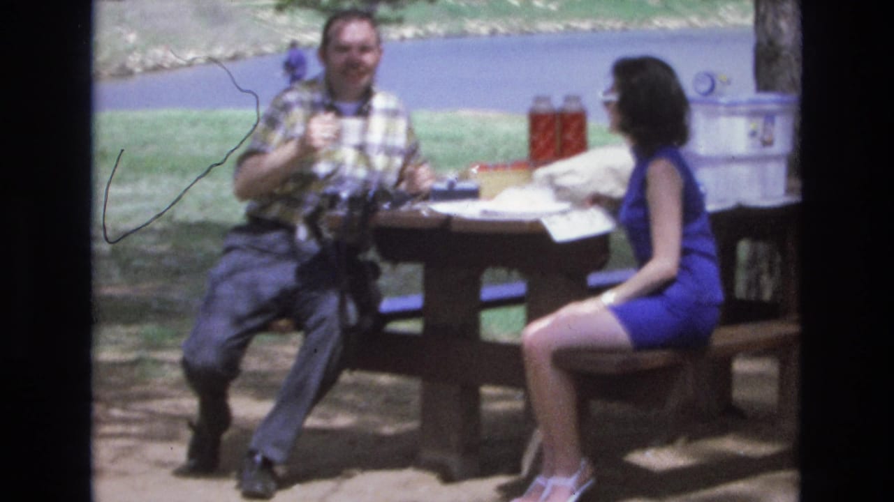 Two adults sit at a wooden picnic table with food and drinks in a grassy park.