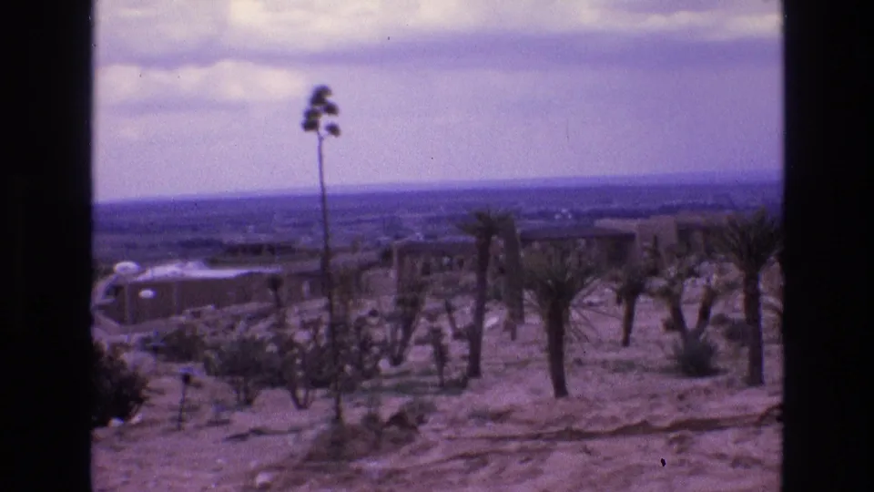1973 New Mexico 8mm frame showing an elevated view across sparse desert vegetation, a tall agave-like stalk, distant low structures, and a small vehicle-like shape partly visible near the horizon line.