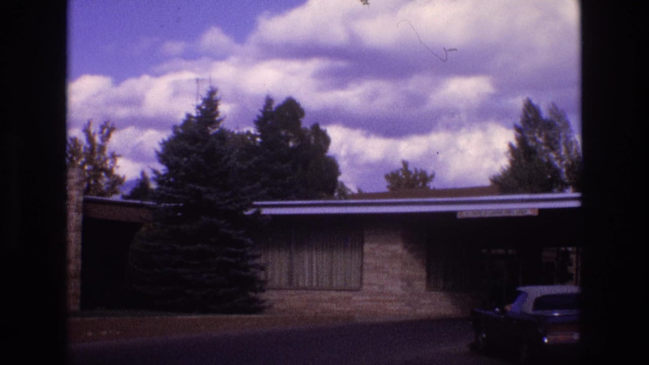 Low brick house with a flat roof, evergreen tree, cloudy sky, and a parked car at the right edge.