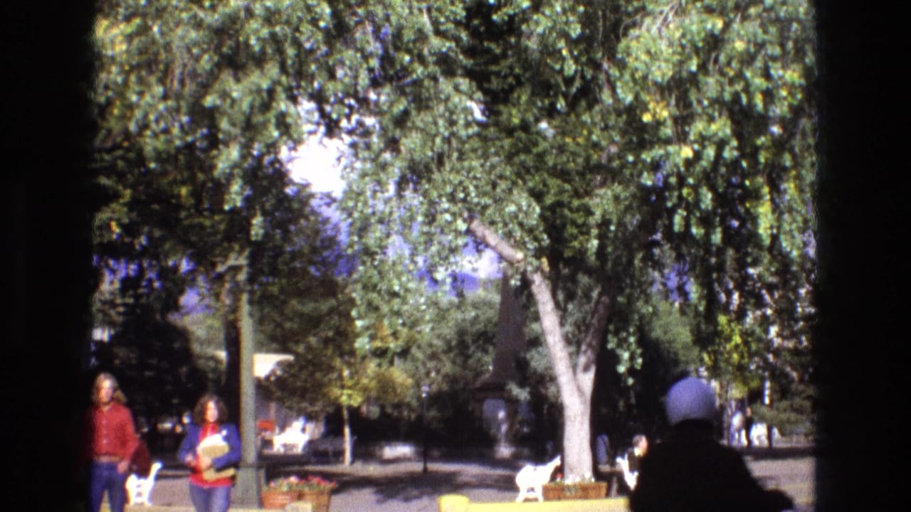 1973 New Mexico 8mm frame showing a shaded town square with leafy trees, distant people, benches, planters, and a white goat near the center of the plaza.