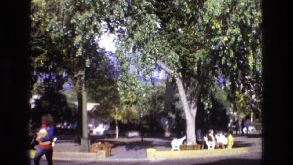 1973 New Mexico plaza view with people sitting and walking beneath large trees while a white goat appears near the benches in the sunlit square.