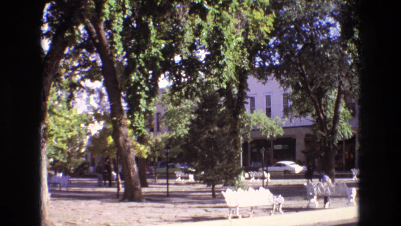 Tree-lined park with white benches, pedestrians, parked cars, and a two-story building across the street.