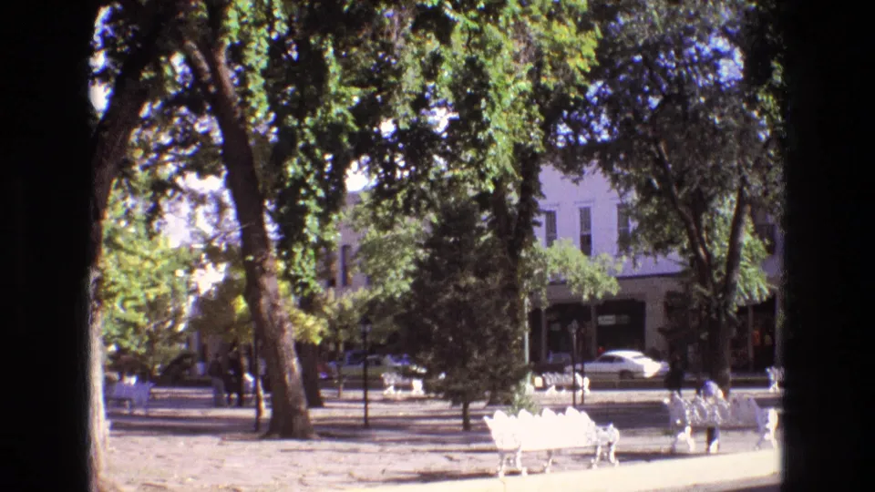 1973 New Mexico park view with leaning trees, white benches, distant pedestrians, parked cars, and a pale two-story building beyond the street.