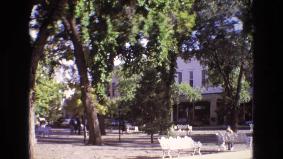 1973 New Mexico home-movie frame showing a large tree, white park benches, pedestrians, and a street with buildings visible through the trees.