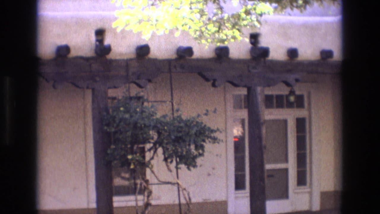 1973 New Mexico frame with a white glass-paneled door, narrow side window, exposed porch beam, and bright foliage above the adobe-style facade.