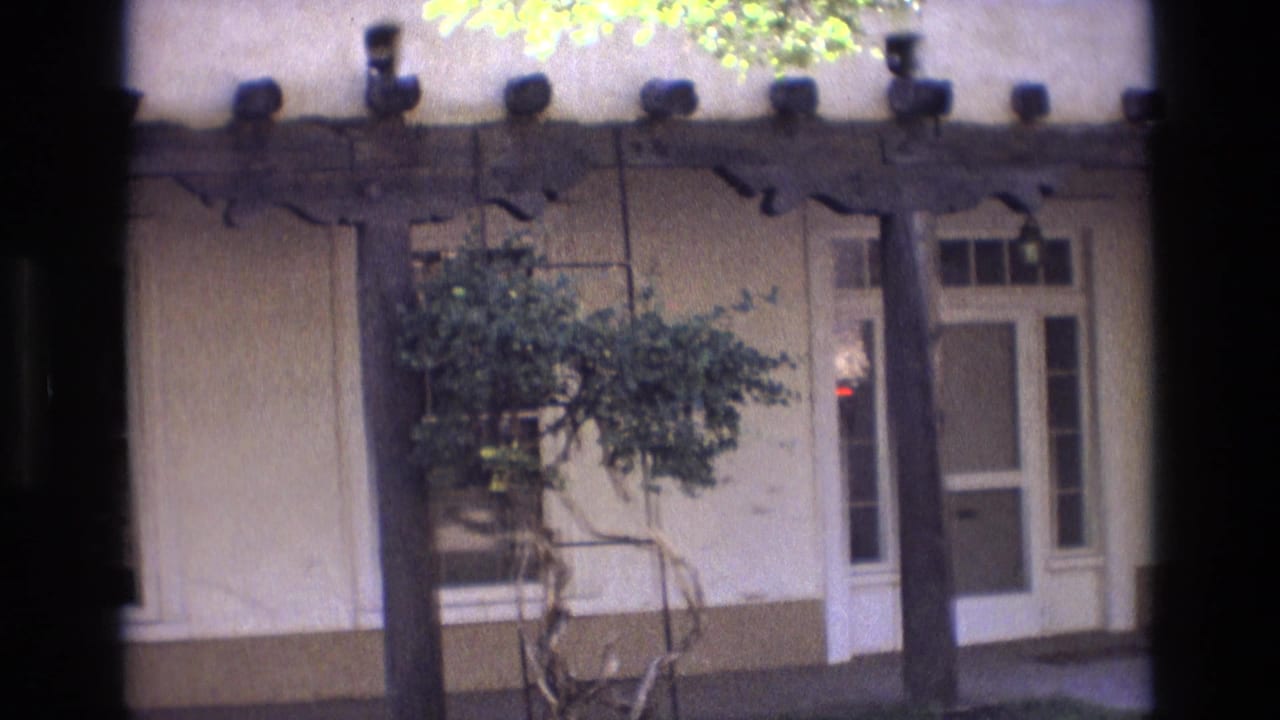 Similar adobe-style building front with wooden roof beams, white door, window, and tree.