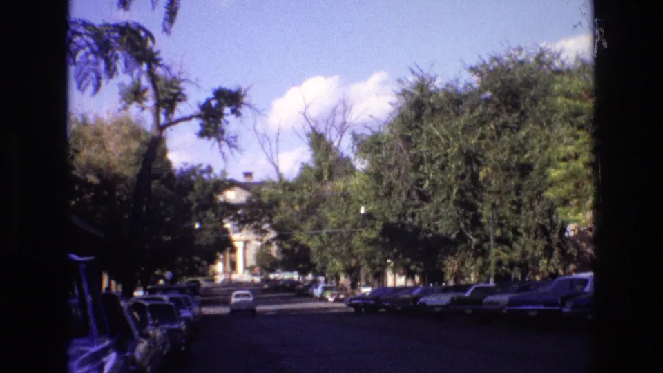 1973 New Mexico street view with rows of parked cars, leafy trees, bright sky, and a car advancing along the roadway.