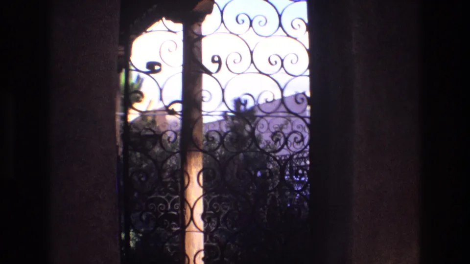 1973 New Mexico 8mm frame showing decorative iron grilles between columns, with foliage and bright outdoor light beyond.