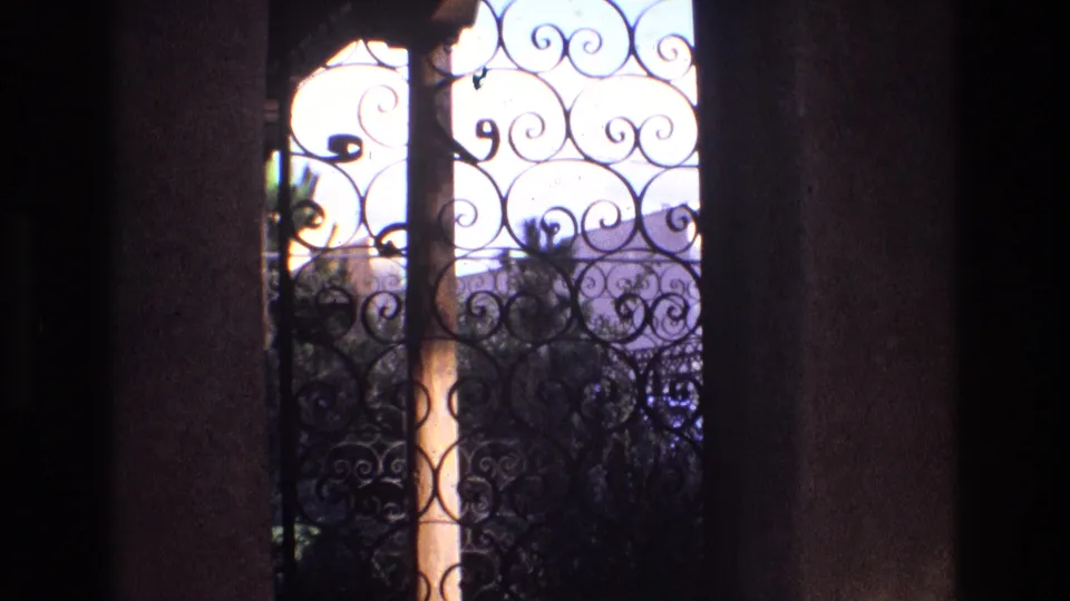 1973 New Mexico 8mm frame looking through decorative ironwork from a dim interior toward foliage and sunlit exterior grounds.