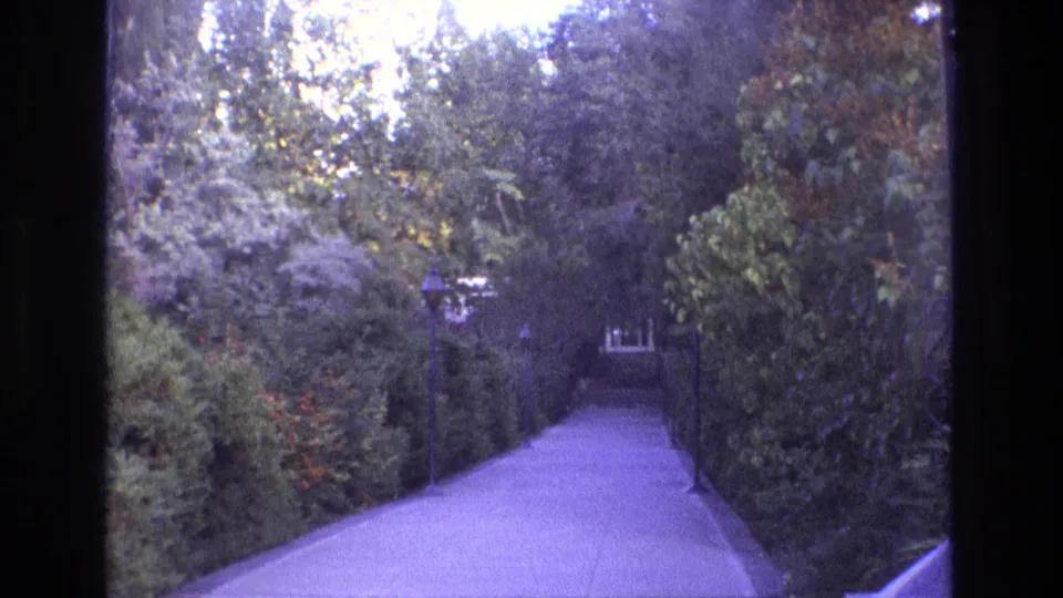1973 New Mexico 8mm frame showing a paved garden walkway leading through dense hedges and mature trees toward a distant house or entry feature.