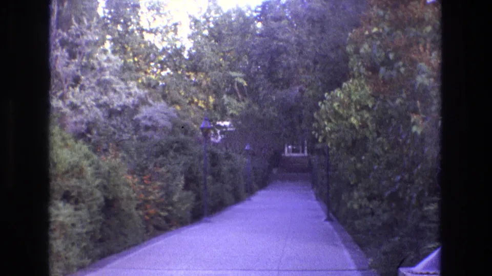 1973 New Mexico 8mm frame with a straight paved path framed by thick vegetation, a small lamp, and a distant architectural detail at the end of the walkway.