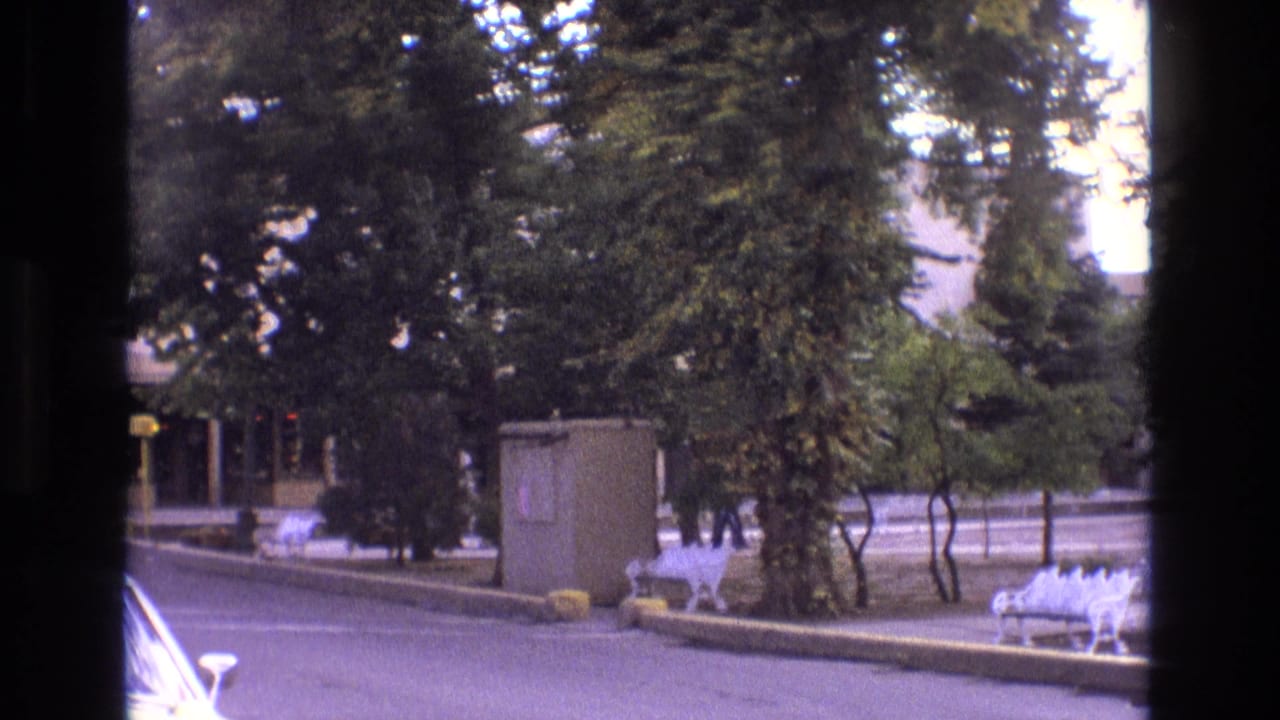 1973 New Mexico 8mm frame with a quiet roadside view of trees, white benches, a beige utility box, and a low-rise building entrance seen through the foliage.