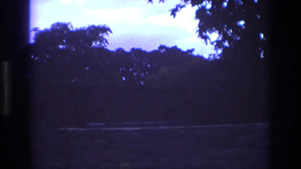 1973 New Mexico home-movie frame with a dark treeline, overgrown vegetation, bright sky, and heavy exposure contrast from the small-gauge film scan.