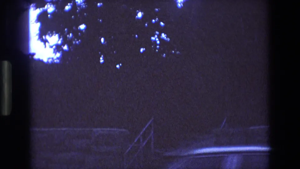 1973 New Mexico 8mm frame with tree leaves against a blue-purple sky, a faint path, angled steps or railing, and the partial roofline or windshield area of a car in shadow.