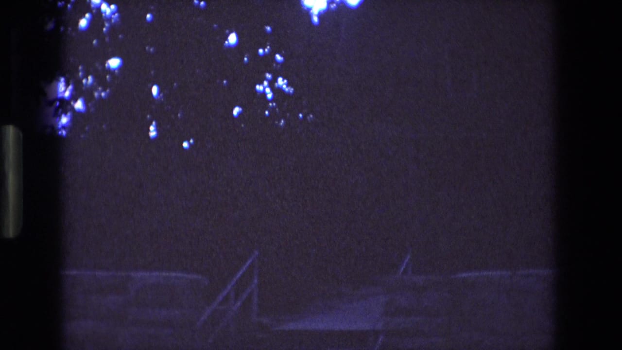 Dark blue-tinted exterior with faint railing, steps, foliage, and bright light flares near the top.