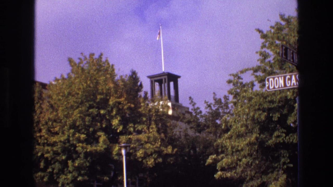 Flagpole and tower seen over trees with partial street signage on the right.