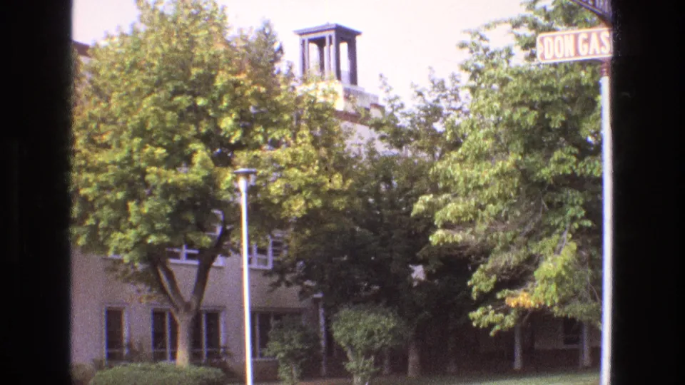 1973 New Mexico home-movie frame showing mature street trees, shrubs, building windows, and a partly cropped Don Gaspar Avenue sign near the upper edge.