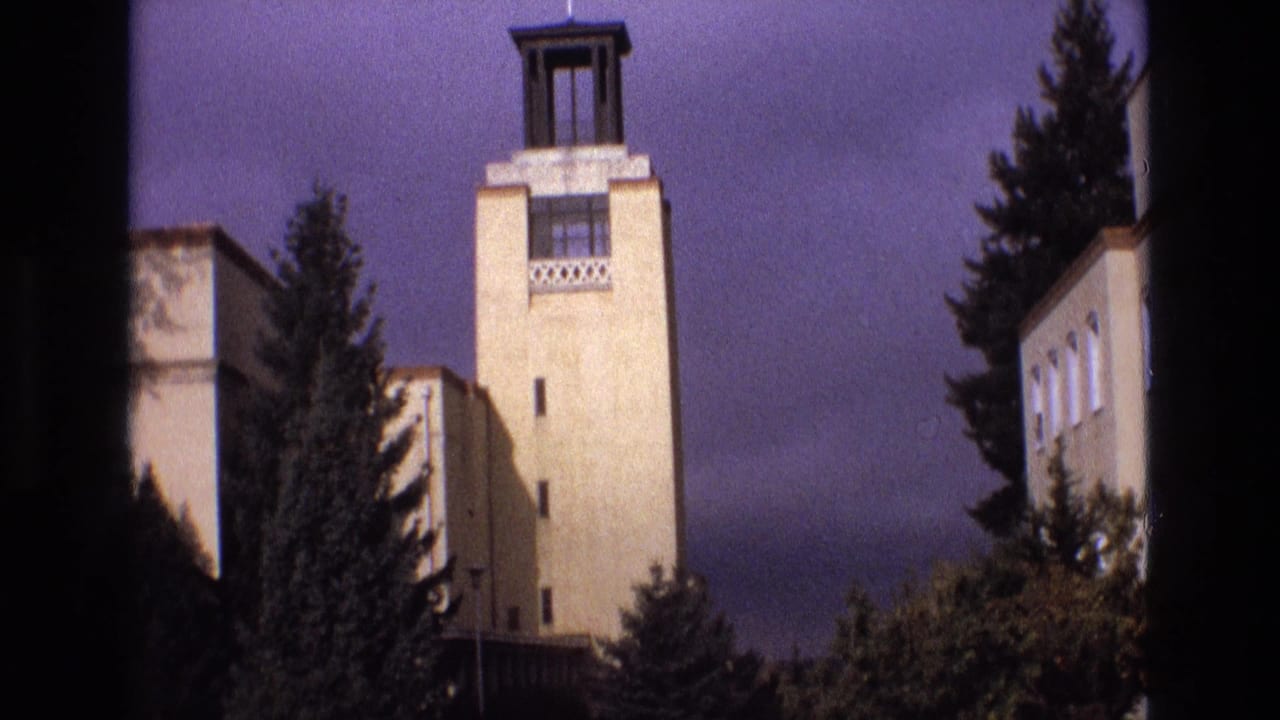 Beige tower and adjacent building walls seen through trees beneath a dark blue sky.