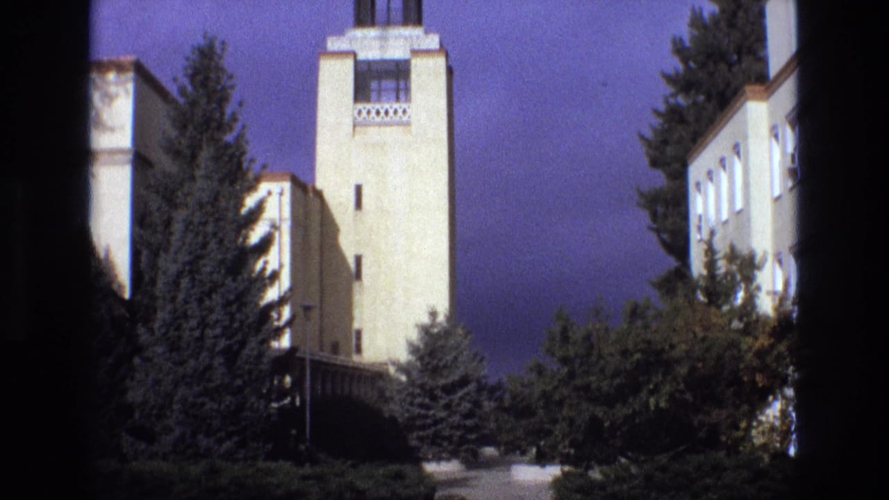 Pale tower and adjacent building exterior with trees in the foreground.