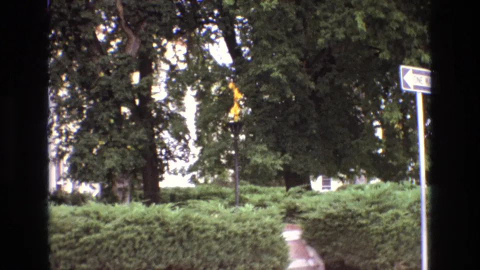 1973 New Mexico 8mm frame showing a small burning gas torch among shrubs and trees, with a walkway, street sign pole, and visible one-way sign at the edge of the scene.