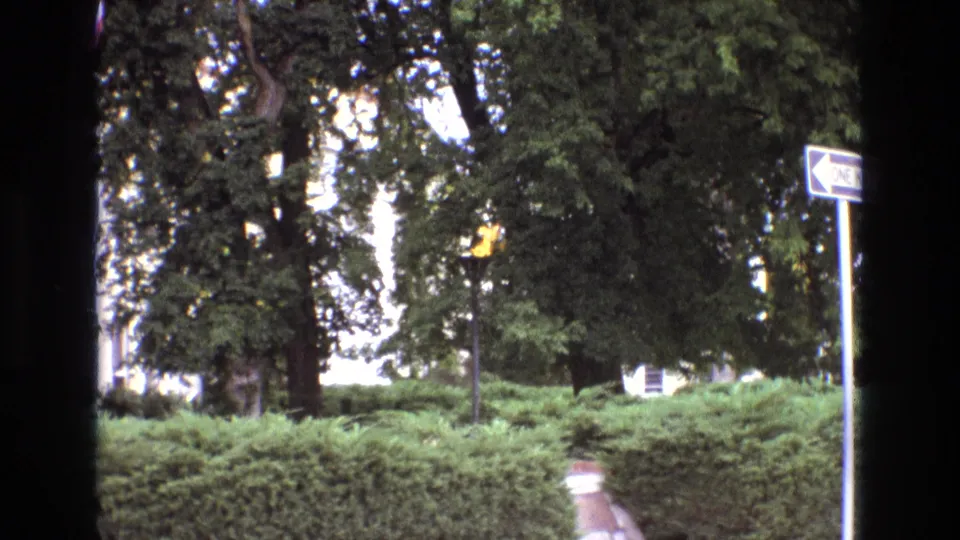 1973 New Mexico 8mm frame showing the flame-topped pole within a leafy park-like setting, with dense hedges, a footpath, tree trunks, and a white directional sign.