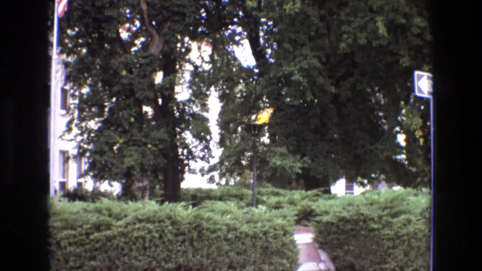 1973 New Mexico 8mm frame showing a landscaped park or roadside setting with hedges, trees, a walkway, a one-way sign, and a small yellow flame-like detail amid the foliage.