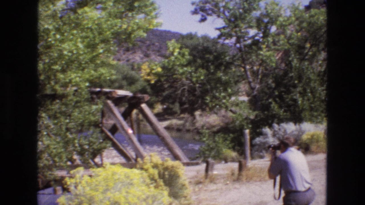 Wooden bridge and river framed by trees, with a man standing near the roadside.
