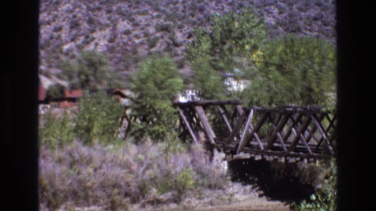Wooden bridge and trees with a dry hillside behind them.