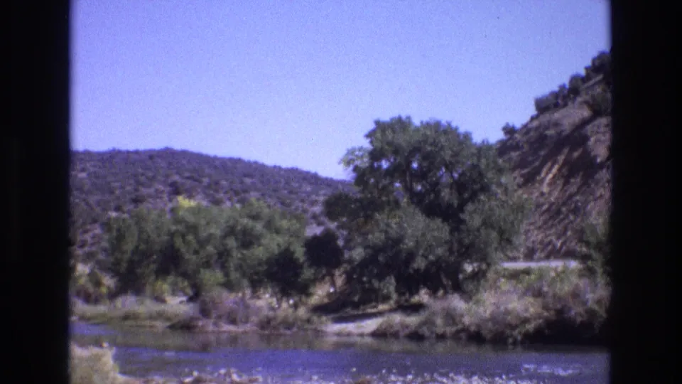 1973 New Mexico 8mm frame showing a calm river or lakeside edge, dense green trees, brushy banks, and rocky slopes under a clear sky.