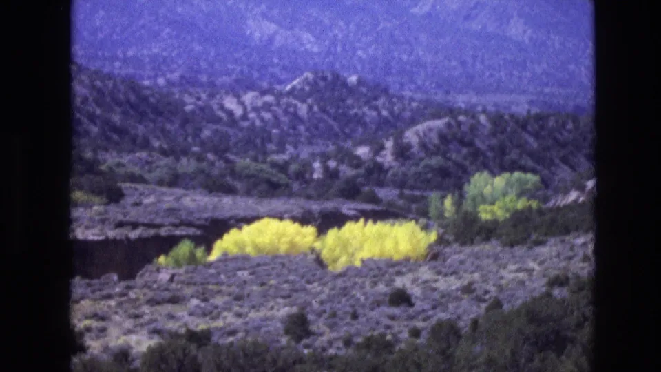 1973 New Mexico 8mm frame showing a dry hillside landscape, mountain backdrop, green trees, and bright yellow foliage in the foreground.