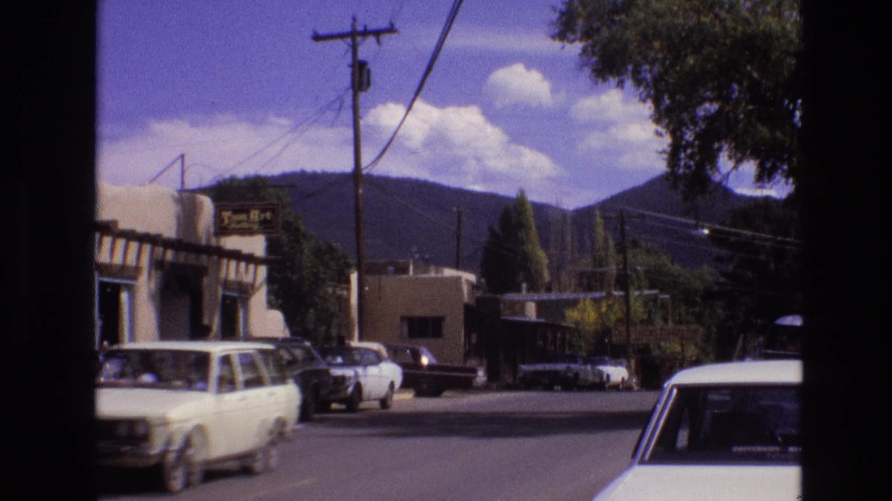 Street view with passing station wagon, parked cars, utility poles, storefront sign, trees, and mountains.