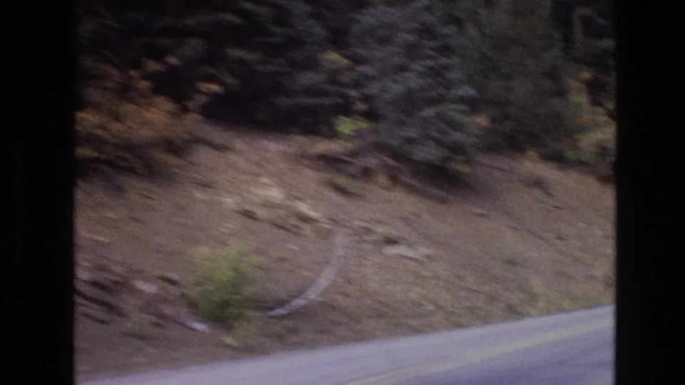1973 New Mexico 8mm frame showing a blurred in-car view of a two-lane mountain road curving past pine trees and a sloped roadside.