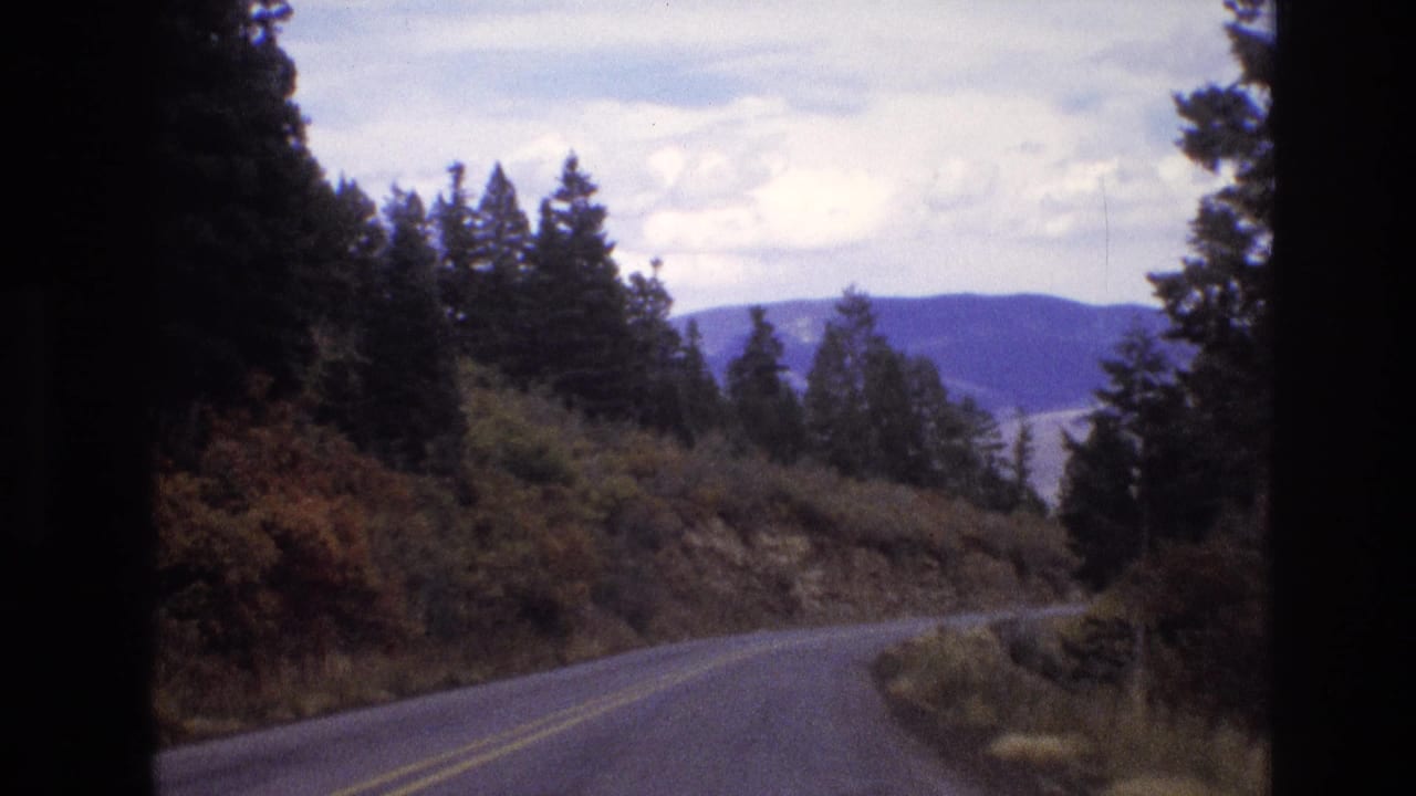 Two-lane mountain road curves through trees with distant hills under clouds.